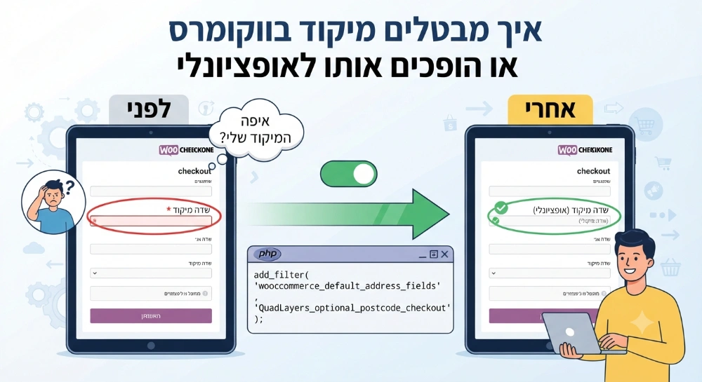 ביטול שדה מיקוד בעמוד התשלום של ווקומרס