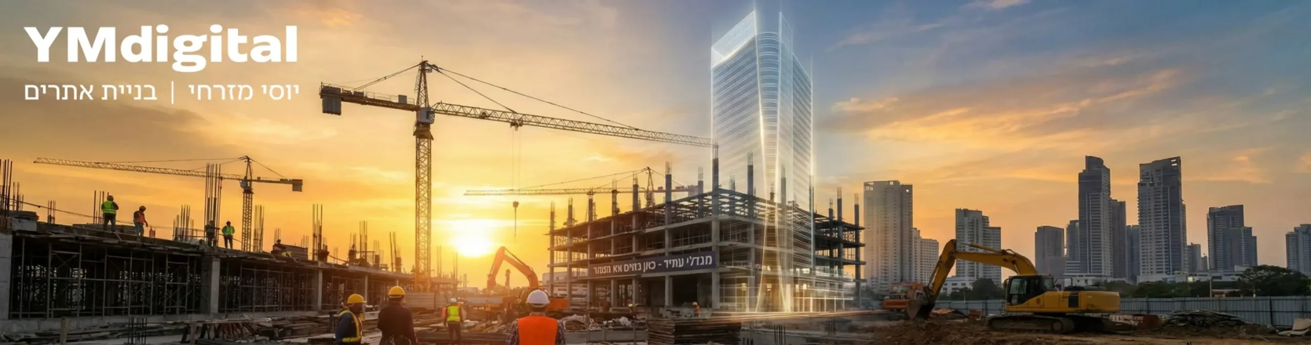 תמונה רחבה המציגה אתר בנייה פעיל בשעת שקיעה, עם מנופים ופועלים, כאשר ברקע רואים הדמיה שקופה של הבניין המוגמר משתלבת עם המציאות