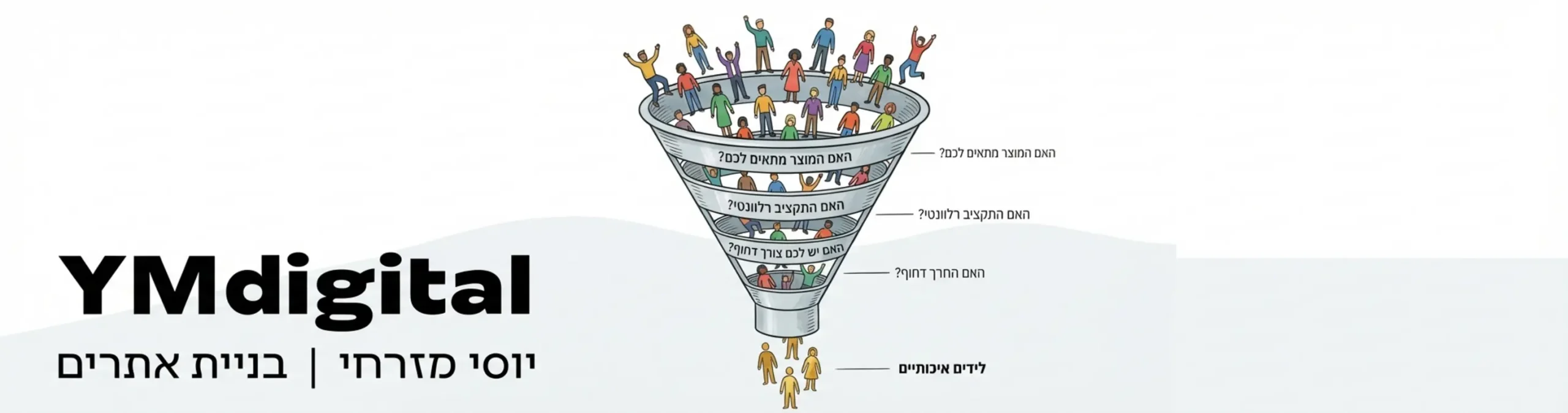 אינפוגרפיקה המציגה משפך שיווקי בצורת מסננת: בחלק העליון נכנסים הרבה אנשים צבעוניים, עוברים דרך שלבי סינון של שאלות, ולמטה יוצאים מעט אנשים בצבע זהב המייצגים לידים איכותיים