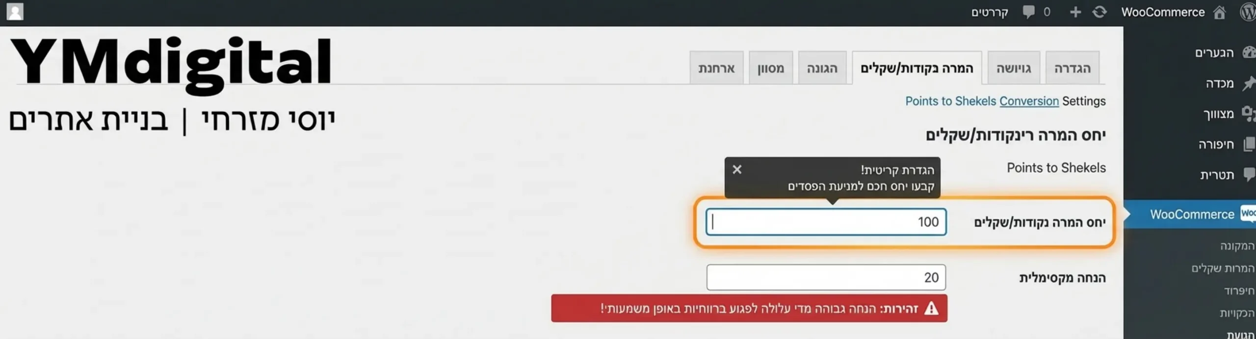צילום מסך מדומה של ממשק ווקומרס המראה את מסך ההגדרות של יחס המרת נקודות לשקלים עם דגש חזותי על השדות החשובים למילוי ואזהרות רווחיות