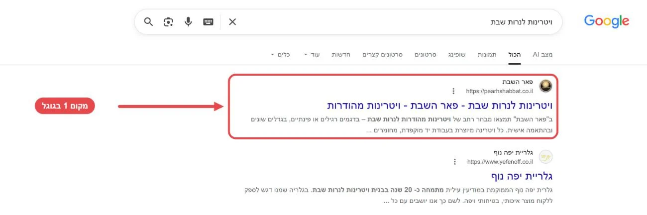 דוגמה מקורס קידום אתרים: ויטרינות לנרות שבת, פאר השבת במקום 1 בגוגל