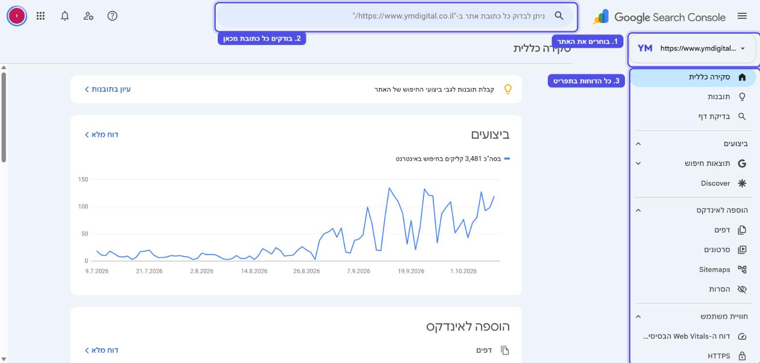 מסך הסקירה הכללית ב-Google Search Console עם בחירת הנכס, תיבת בדיקת כתובת ותפריט הלשוניות