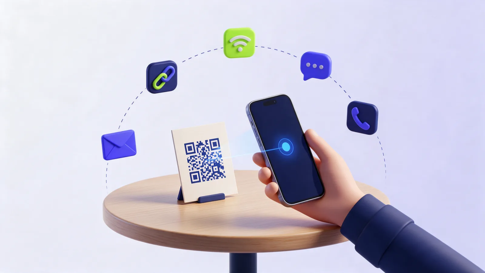 מחולל QR: טלפון סורק קוד QR על כרטיס, עם אייקונים של קישור, Wi-Fi, וואטסאפ, טלפון ומייל