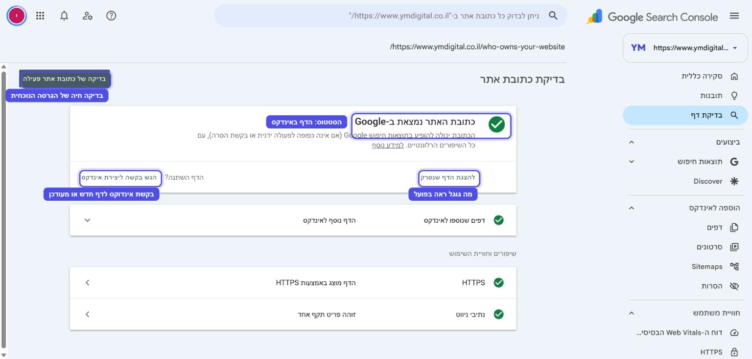 בדיקת כתובת אתר בסרץ' קונסול עם הכפתור הגש בקשה ליצירת אינדקס